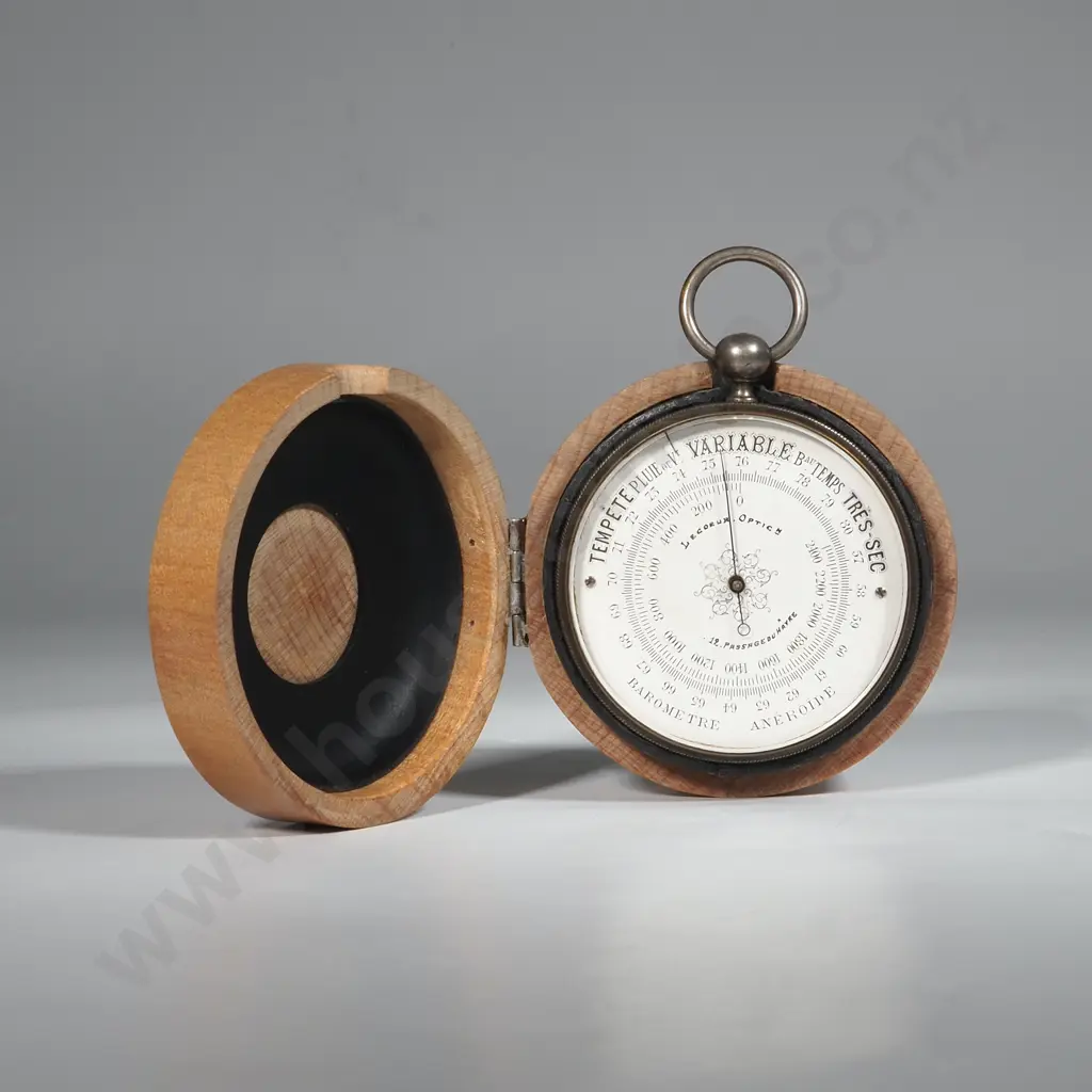 Vintage French Chrome Aneroid Pocket Barometer in Later Wooden Case. Image 1++