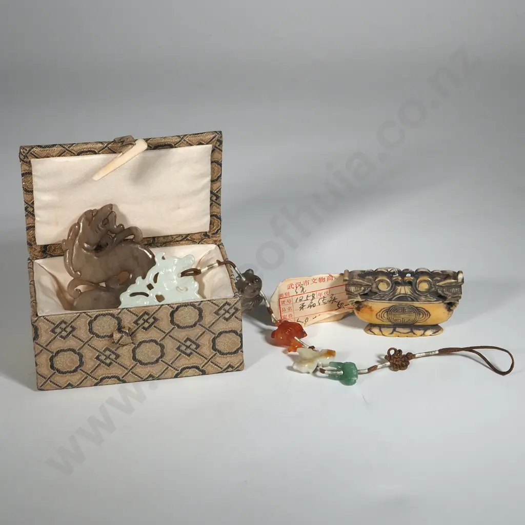 Lot of Jade Pendants in Oriental Box & an Ivory Carved Object/Toggle. Image 1++