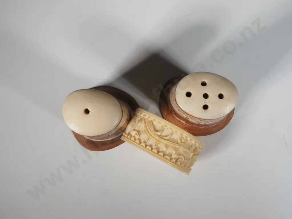 Striking African Themed Bone Salt & Pepper Shakers & Ivory Napkin Ring. Image 1++