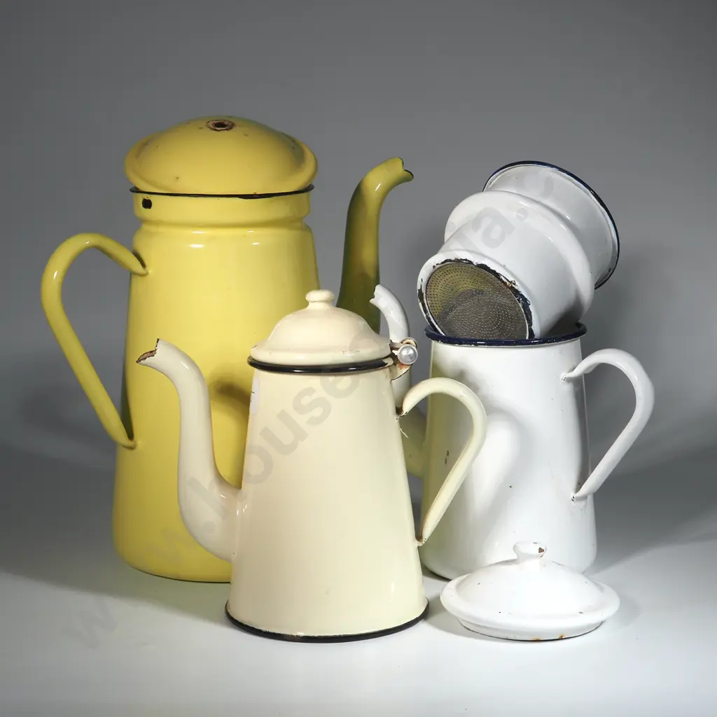 Three Enamel Items - Two Lidded Coffee Pots/Water Jugs & a White Enamel Coffee Perculator. Image 1++