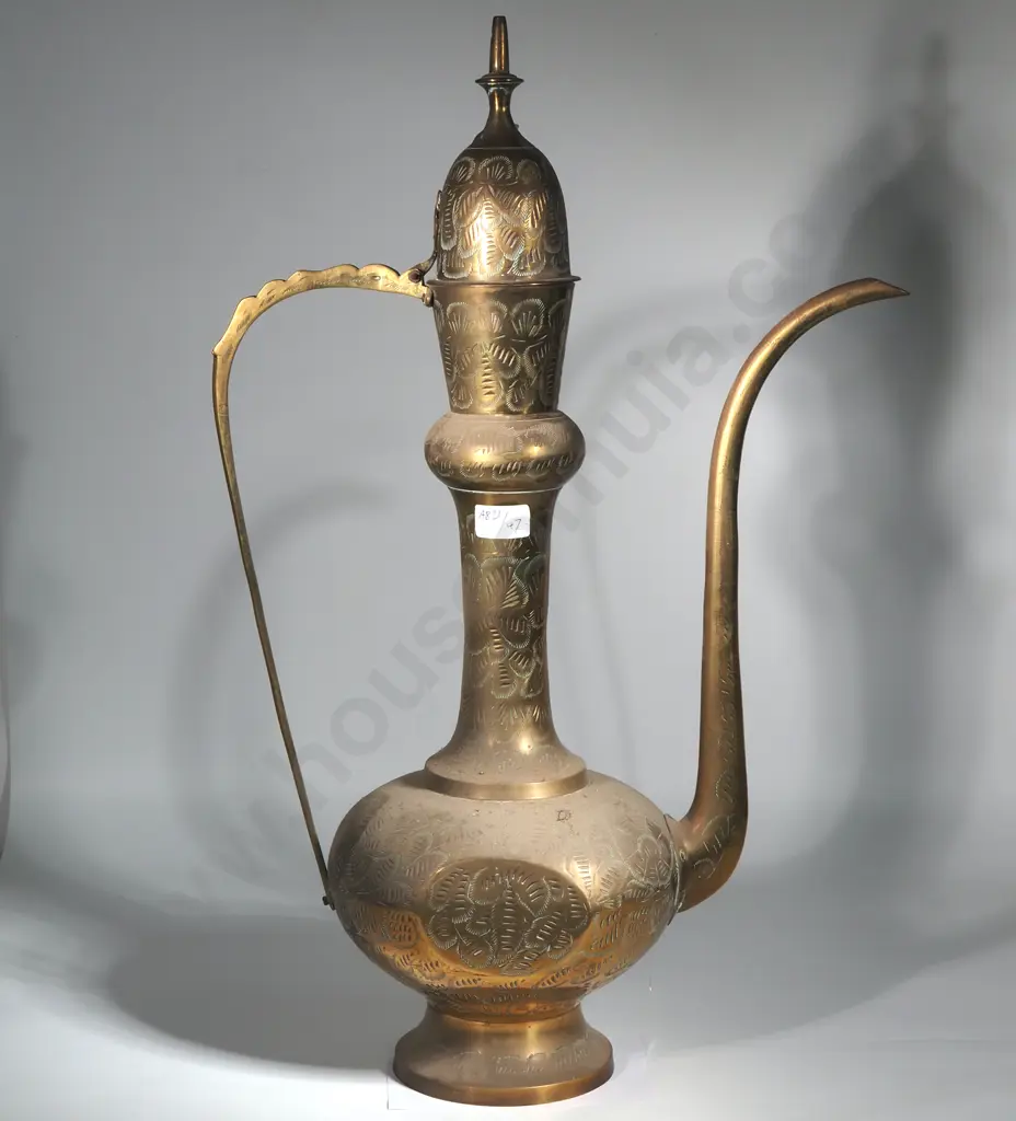 Large Antique Arabic Brass Jug Pourer w Hand Etched Pattern. Image 1++