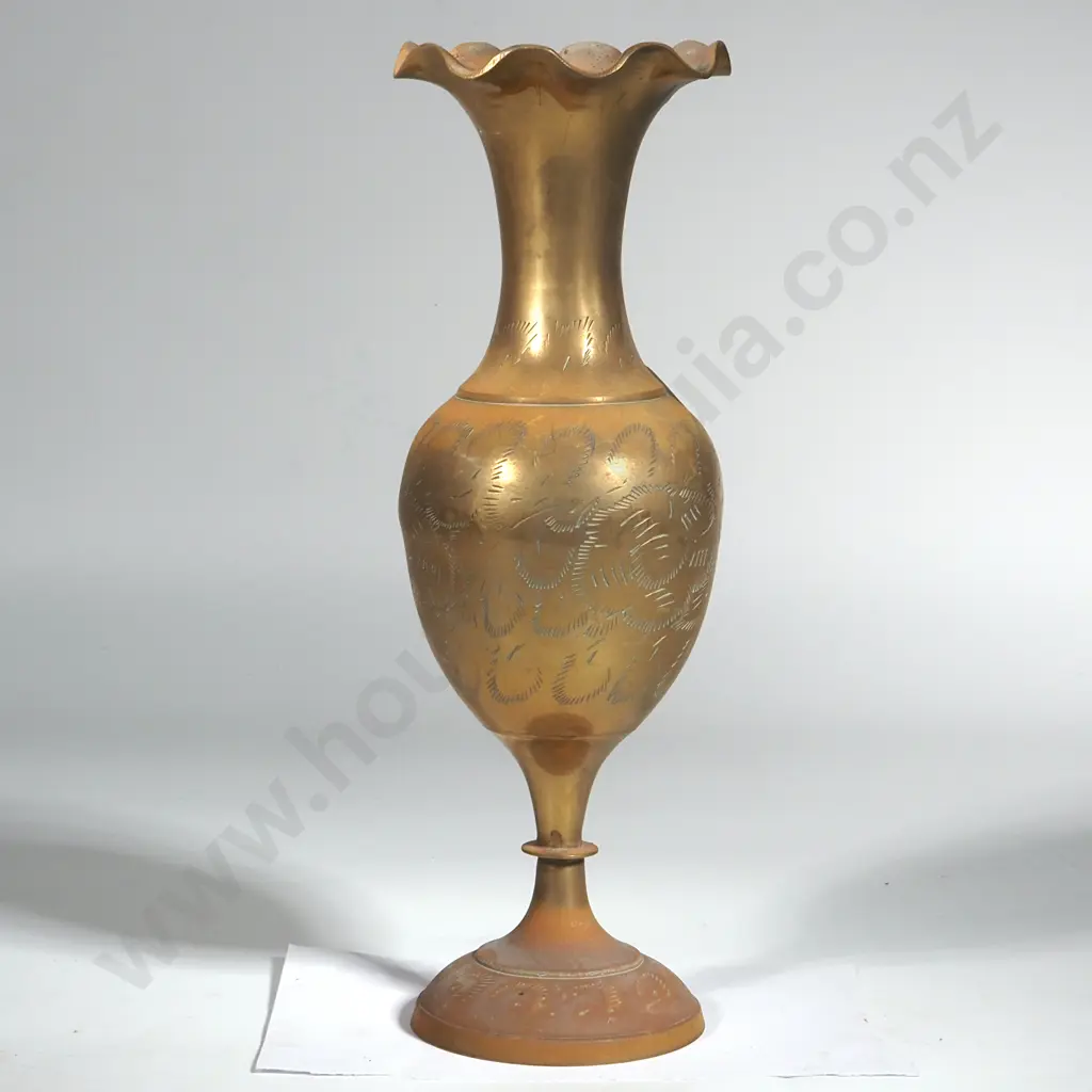 Vintage Brass Vase w Hand Engraved Ruffled Edge. Image 1++