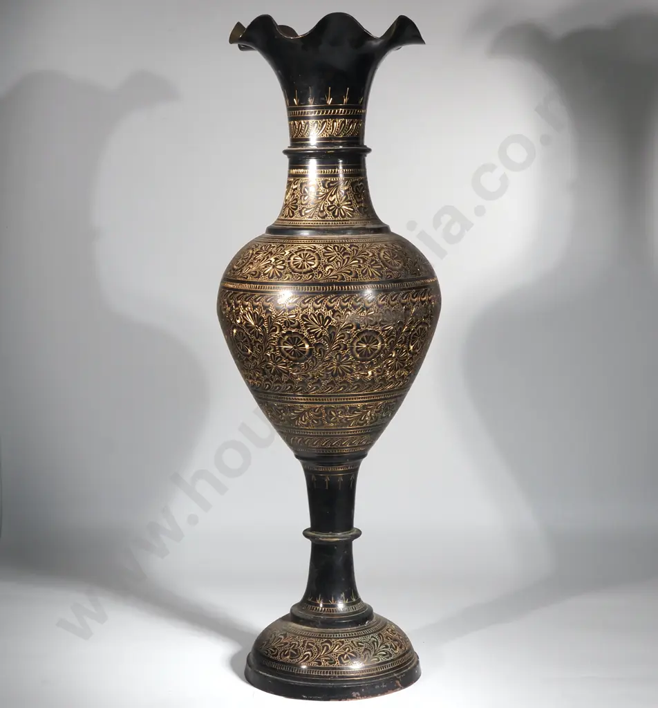 Large Black/Gold Engraved Brass Vase. Image 1++