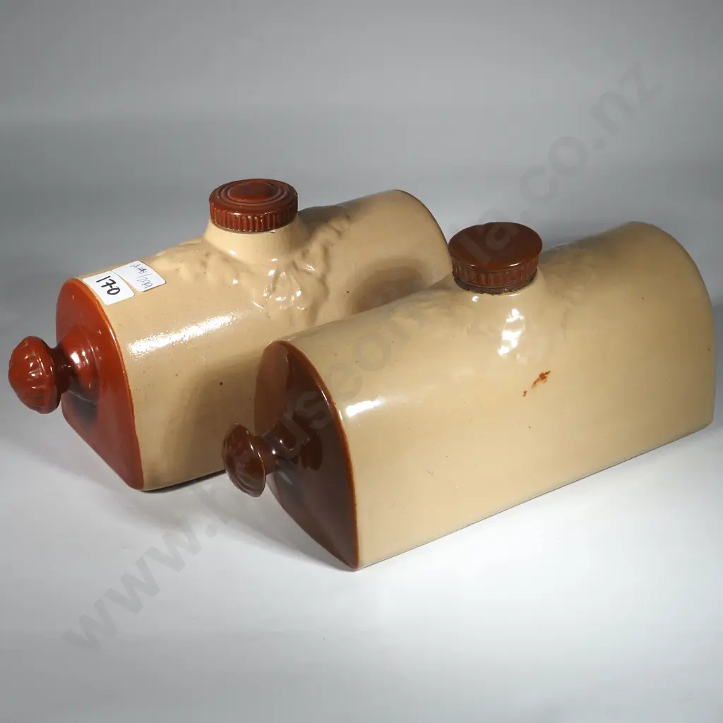 Two Tone Stoneware Bed Warmers w Screw Lid. Image 1++