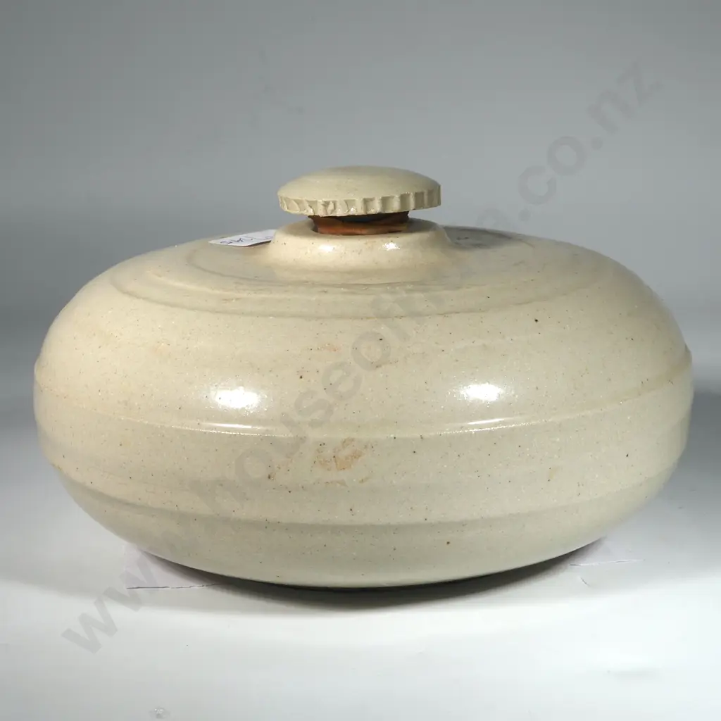 Vintage Circular Stoneware Bed Warmer/ Hot Water Bottle With Lid Image 1++
