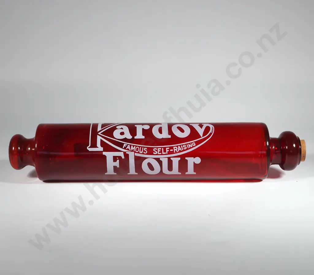 'Kardov Famous Self-Raising Flour' Promotional Red Glass Rolling Pin. Image 1++