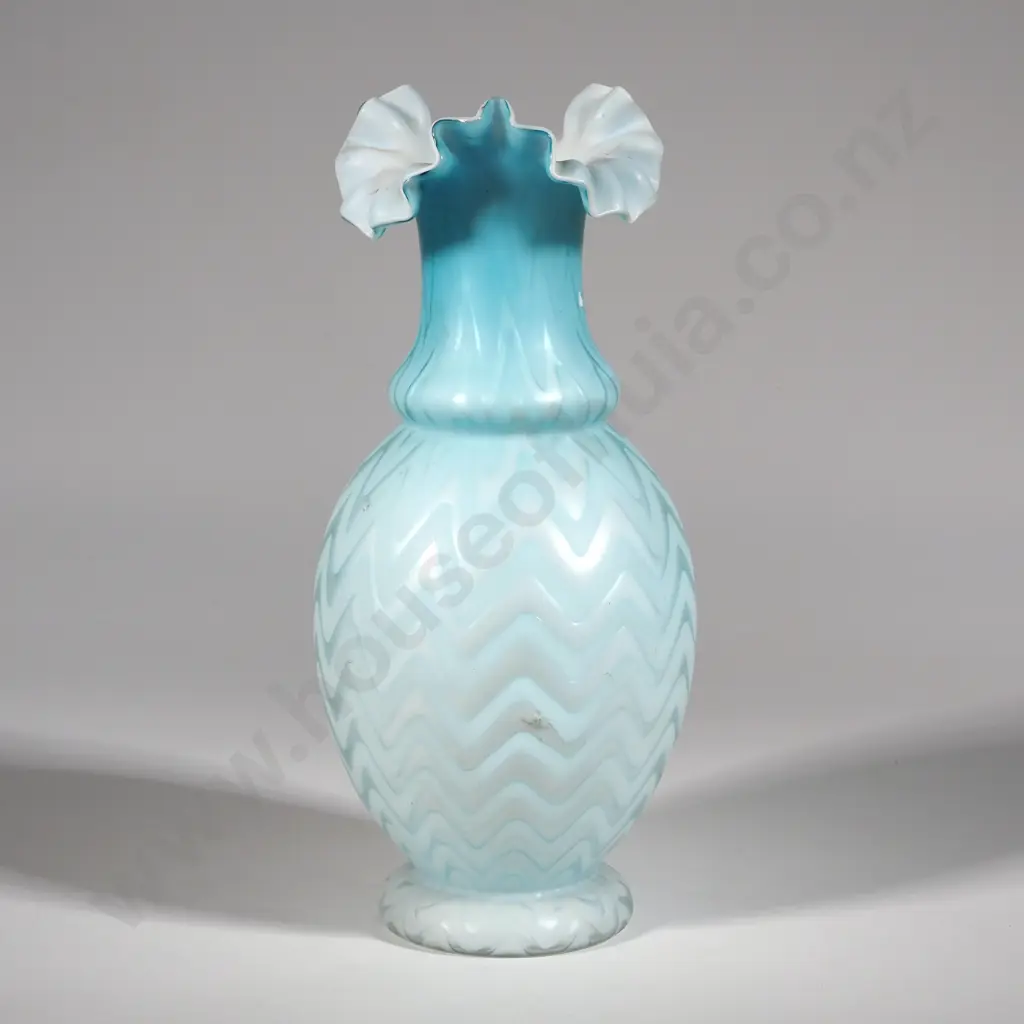 Victorian Blue Cased Satin Glass Vase with Frilled Edge. Image 1++