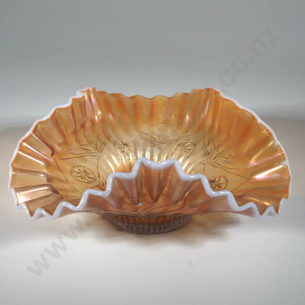 Dugan Ruffled Edge Peach Opalescent Carnival Glass Dish in the Caroline Pattern. Image 1++