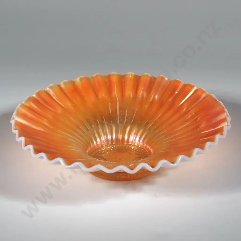 Dugan Ruffled Peach  Opalescent Carnival Glass Dish in the Caroline Pattern. Image 1++