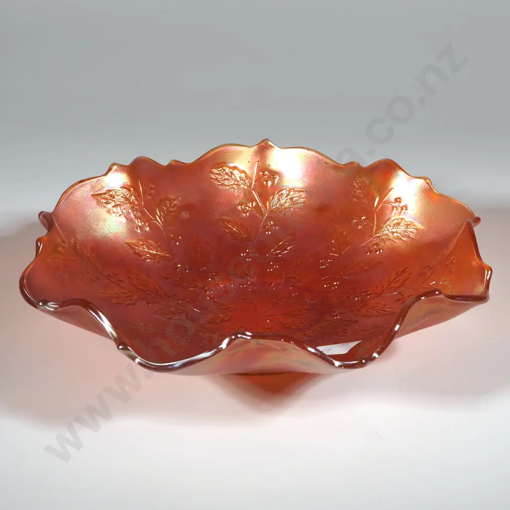Orange Carnival Glass Bowl w Berry & Leaf Decoration & Shaped Edge. Image 1++