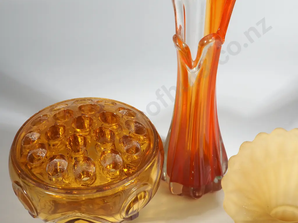 Two Coloured Glass Vases, & a Coloured Glass Bowl. Image 1++