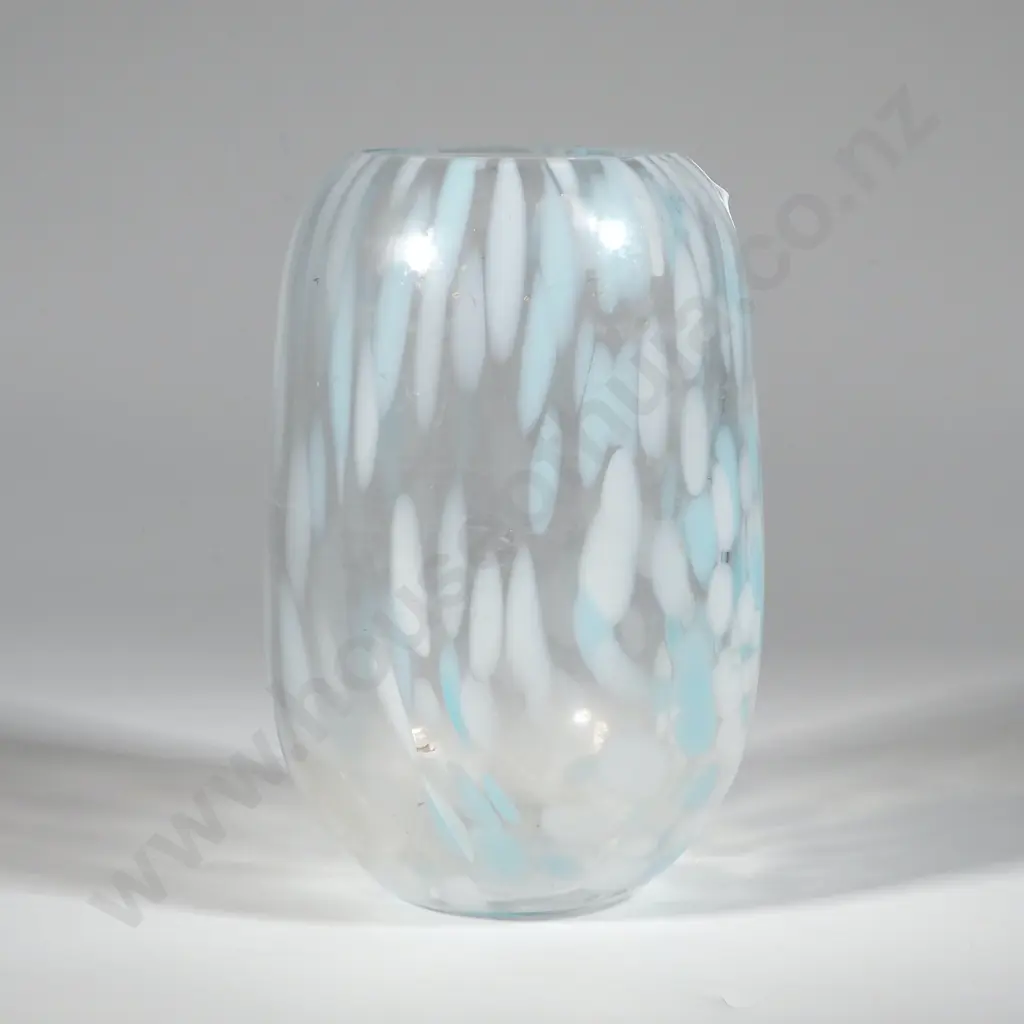 Glass Vase w Blue & White Splatters on Clear Ground. Image 1++