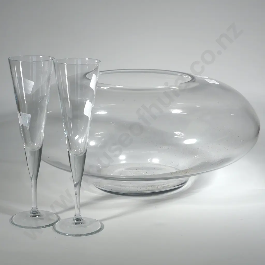 Large Ovoid Glass Vase & Two Champagne Flutes. Image 1++