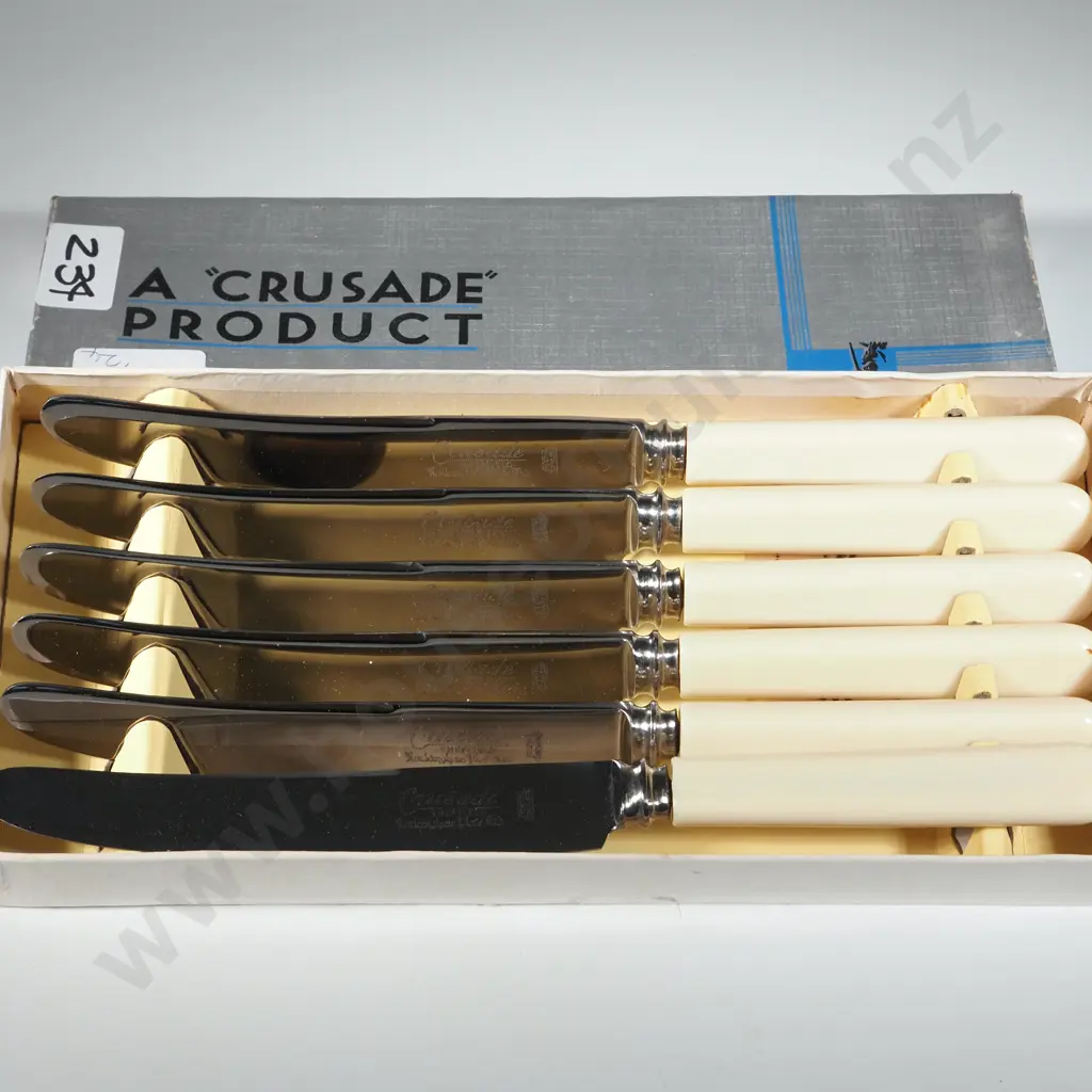 Six Cased Crusade Sheffield Firths Stainless Steel Table Knives w Faux Bone Handles. Image 1++