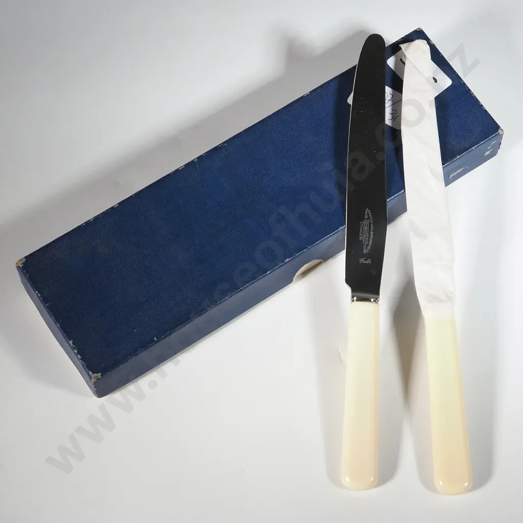 Two Cased Crusade Sheffield Firths Stainless Steel Dessert Knives w Faux Bone Handles. Image 1++