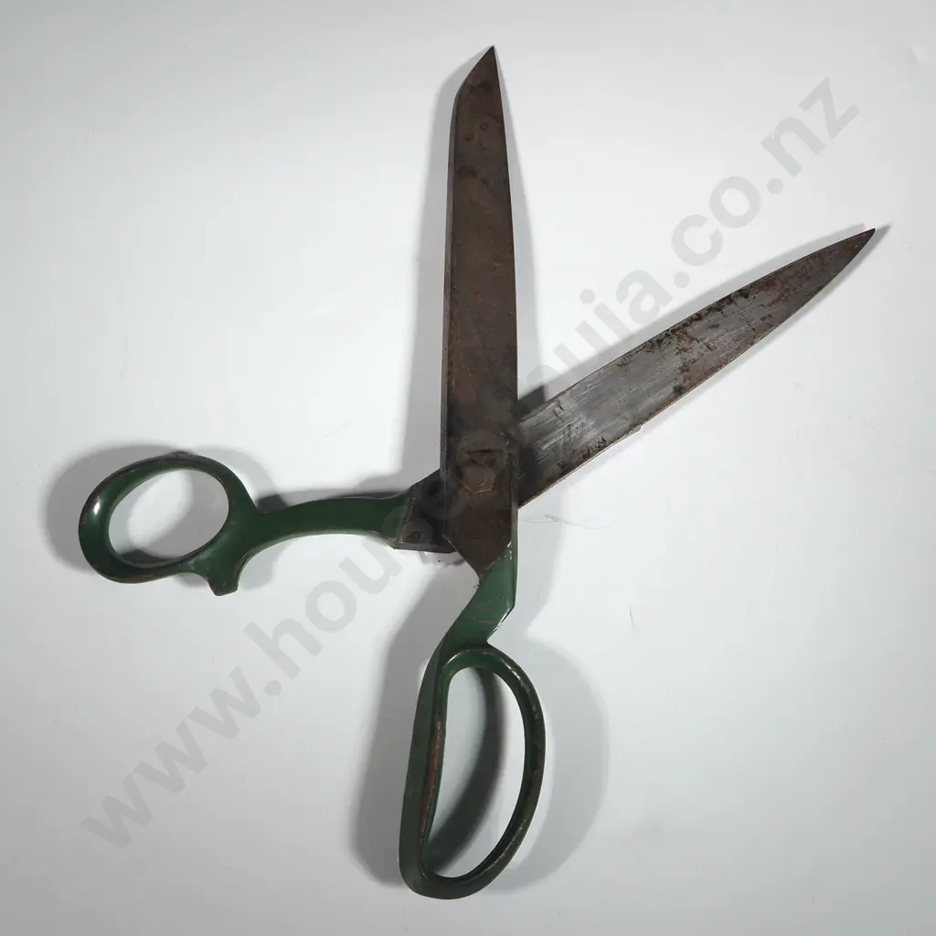 One Very Large Pair of Green Handled Sheffield Scissors. Image 1++