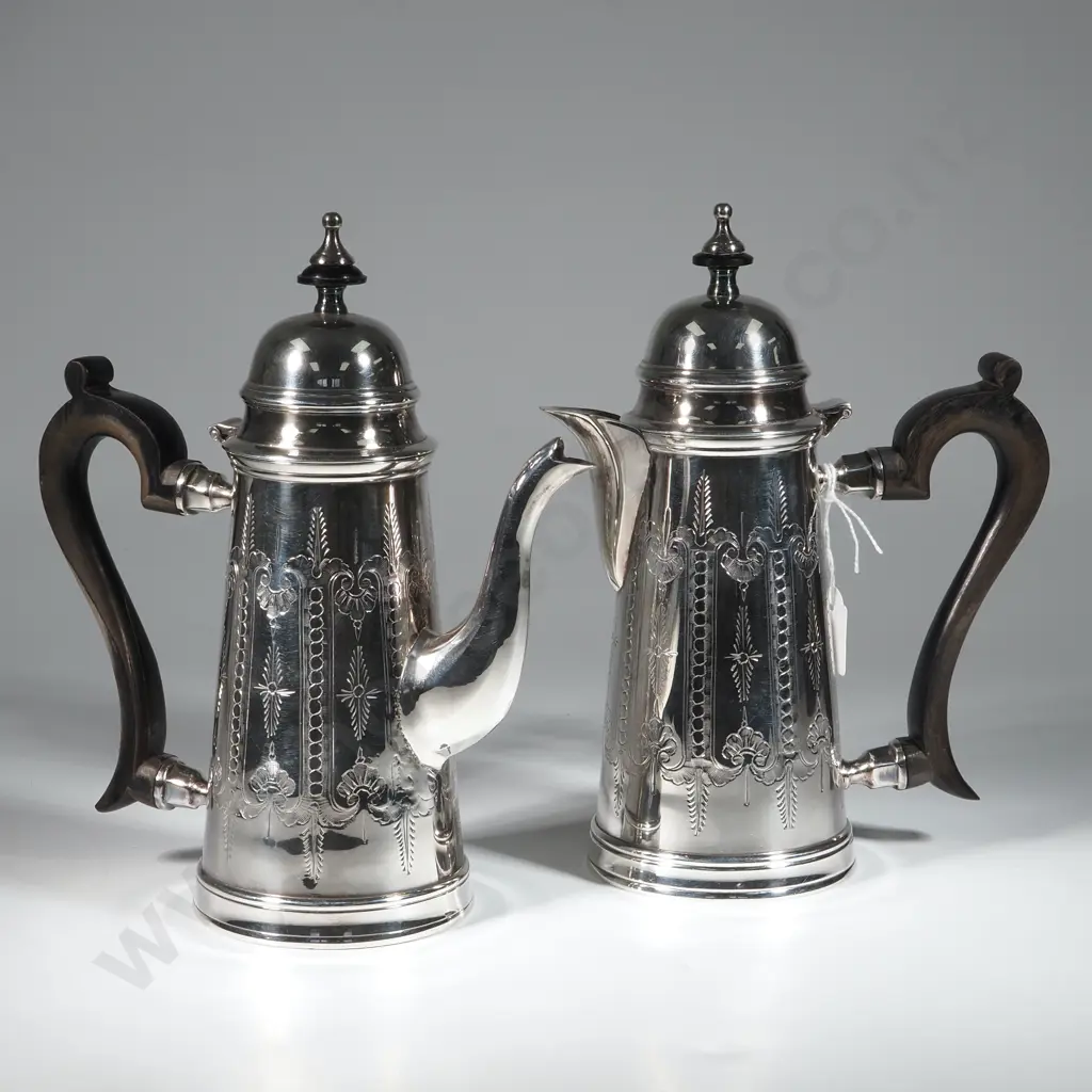 Pair Of Quality Engraved Silver Plate Coffee Pots w Wooden Handles. Image 1++