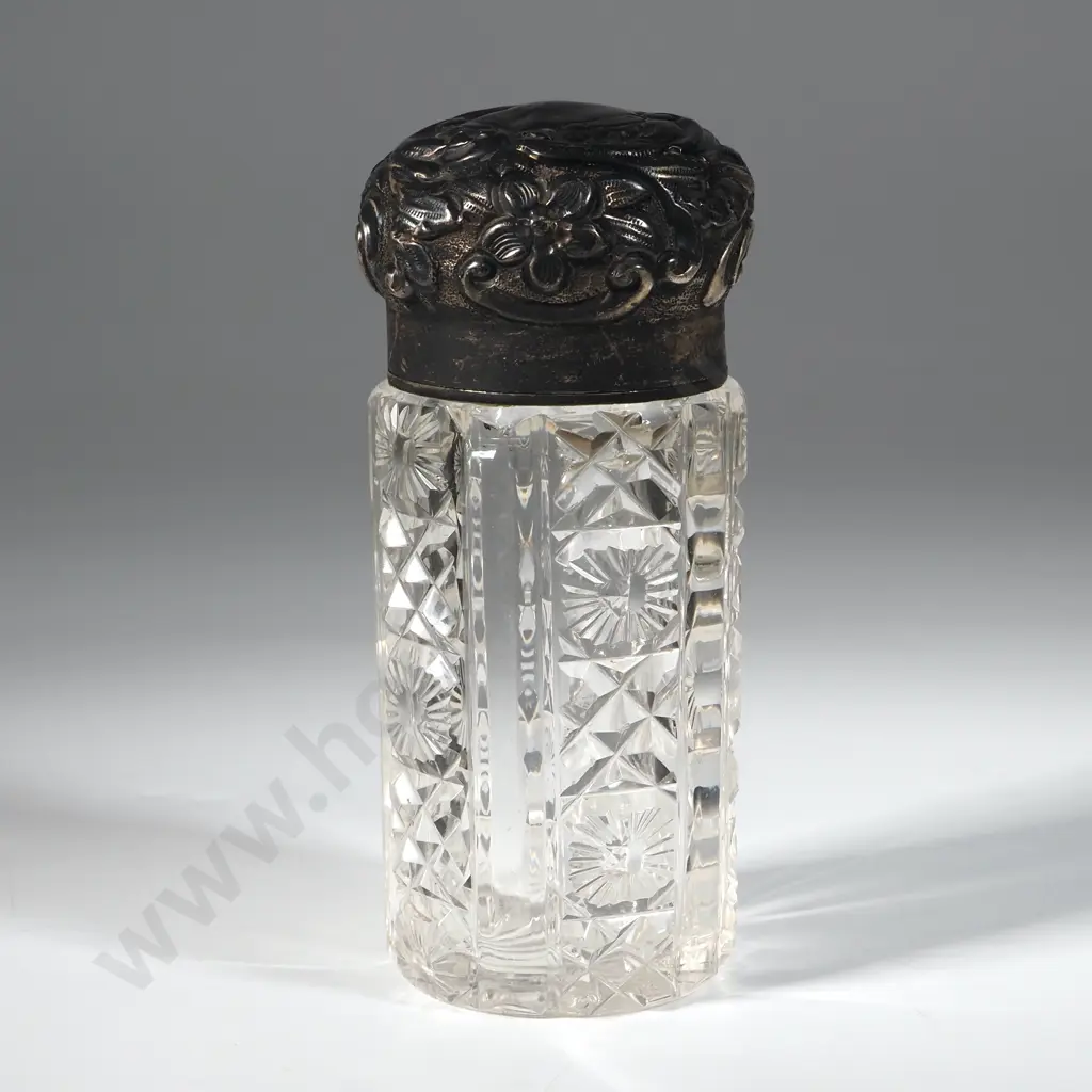 Antique Cut Glass & Sterling Silver Top Dressing Table Bottle. Image 1++