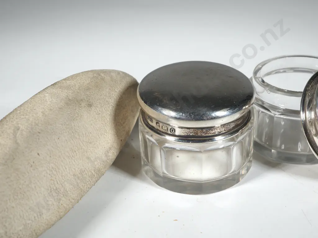 Two Sterling Silver & Glass Powder Jars & A Nail Buffer.  Image 1++