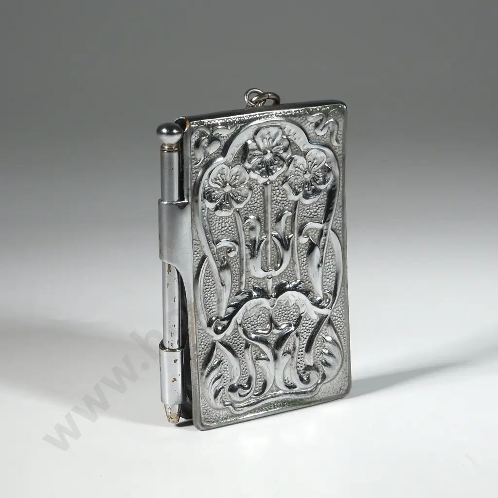 Antique Art Nouveau Style Pressed Metal Notebook w Floral Decoration & Attached Pencil. Image 1++