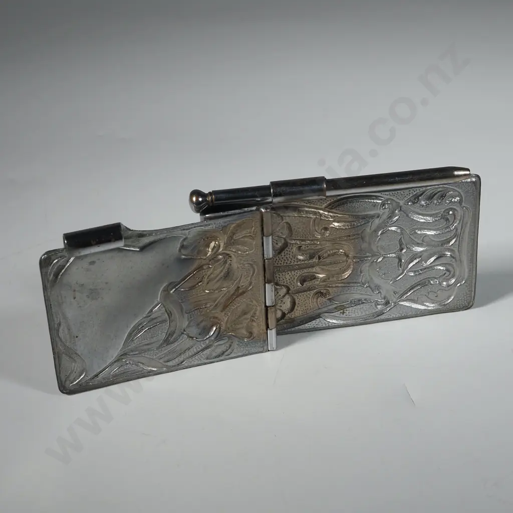 Antique Art Nouveau Style Pressed Metal Notebook w Floral Decoration & Attached Pencil. Image 1++