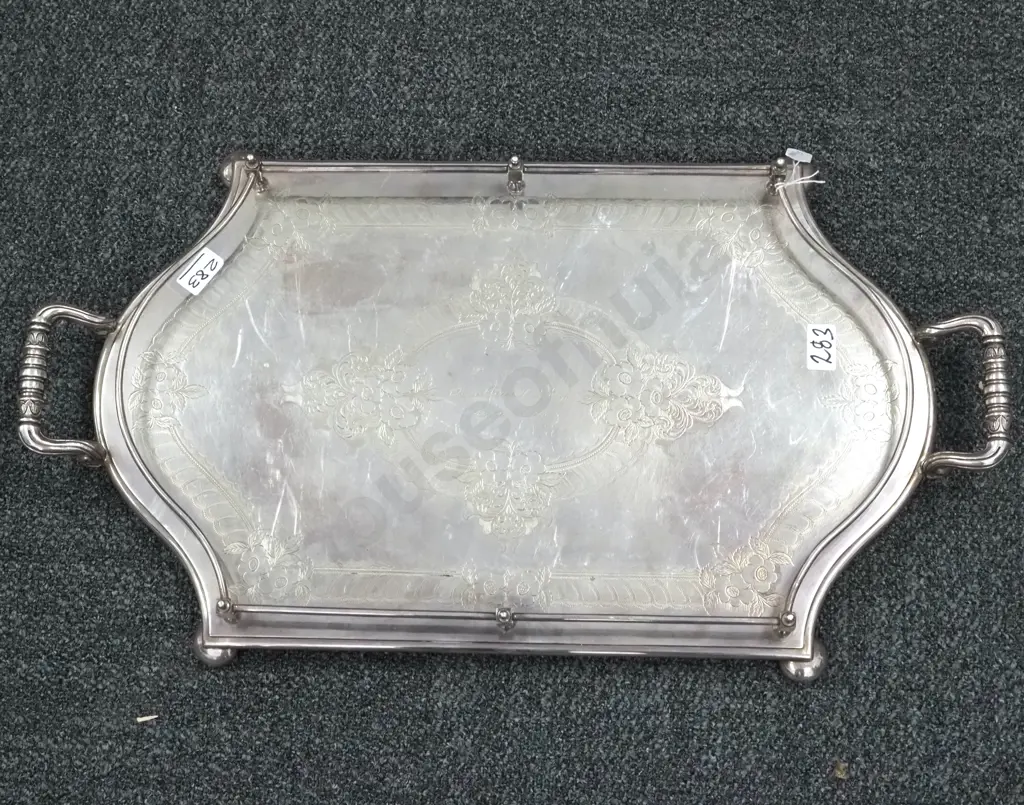 Large EPNS Double Handled Gallery Tray w Engraved Decoration & Inscription. Image 1++