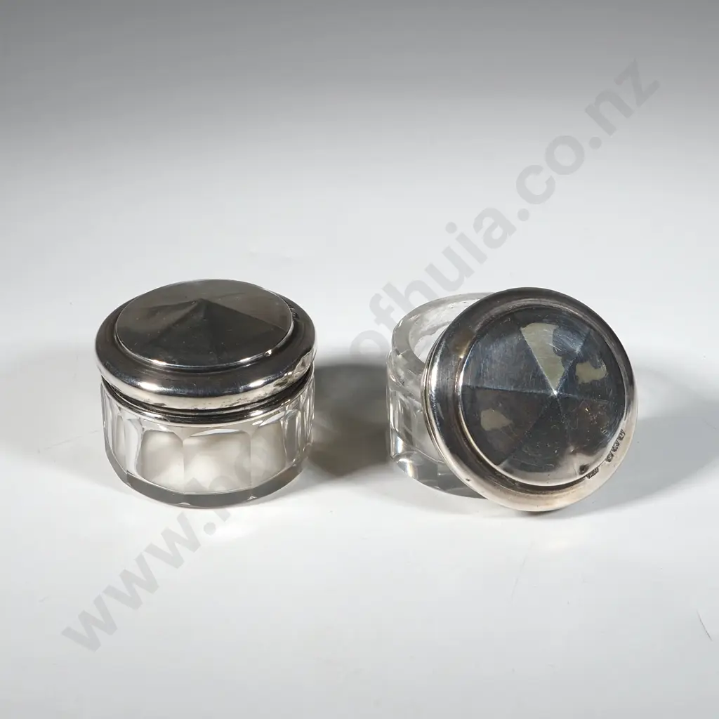 Pair of Sterling Silver Lidded Glass Rouge Pots with Glass Bases. Image 1++