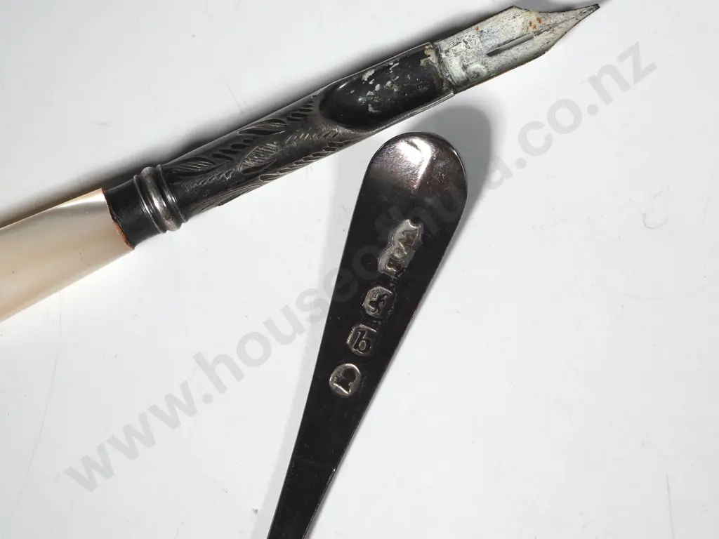 Georgian Sterling Silver Mustard Spoon In The Old English Pattern, & a Sterling Silver & MOP Dip Pen. Image 1++