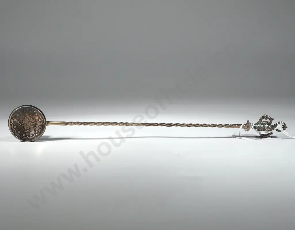 Antique Silver Turkish Coin Long Handled Spoon. Image 1++