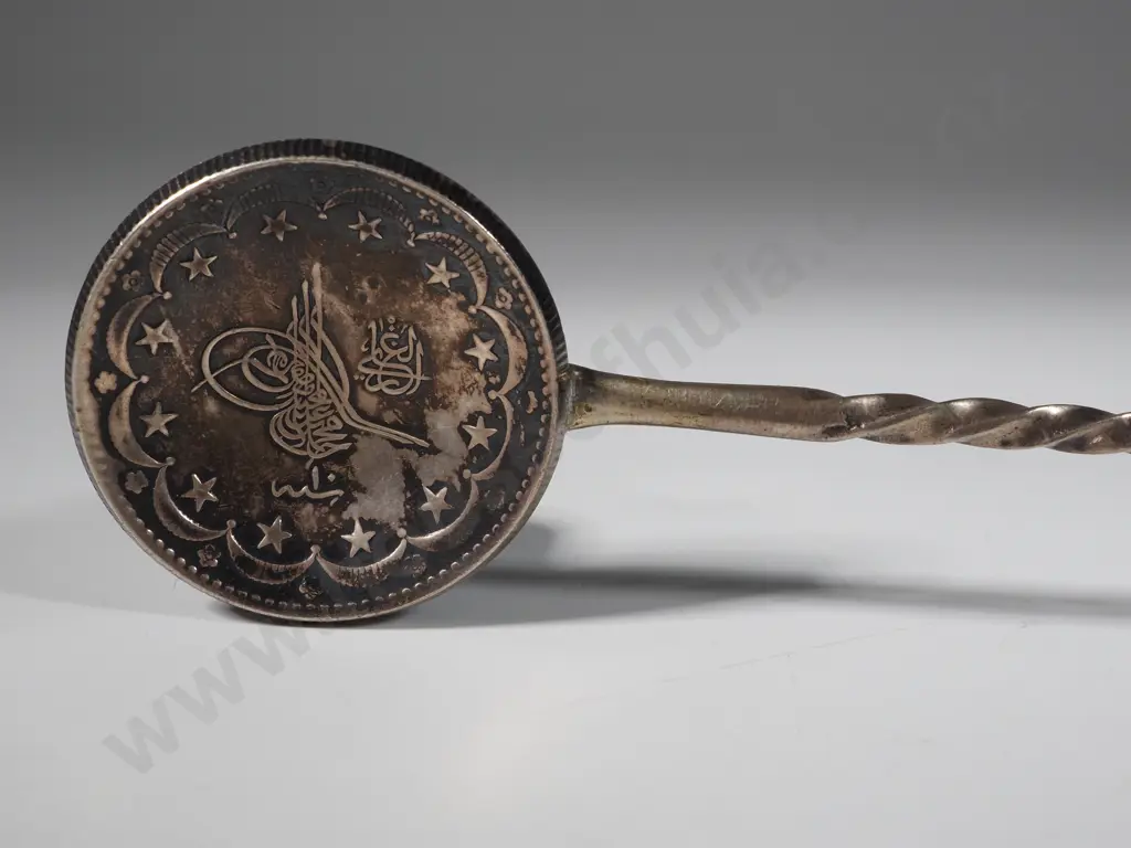 Antique Silver Turkish Coin Long Handled Spoon. Image 1++