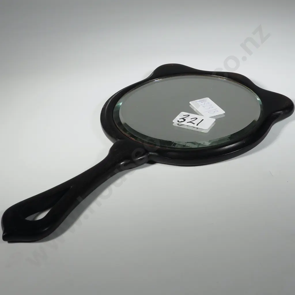 French Ebony Bevelled Hand Mirror w Silver Cartouche Image 1++