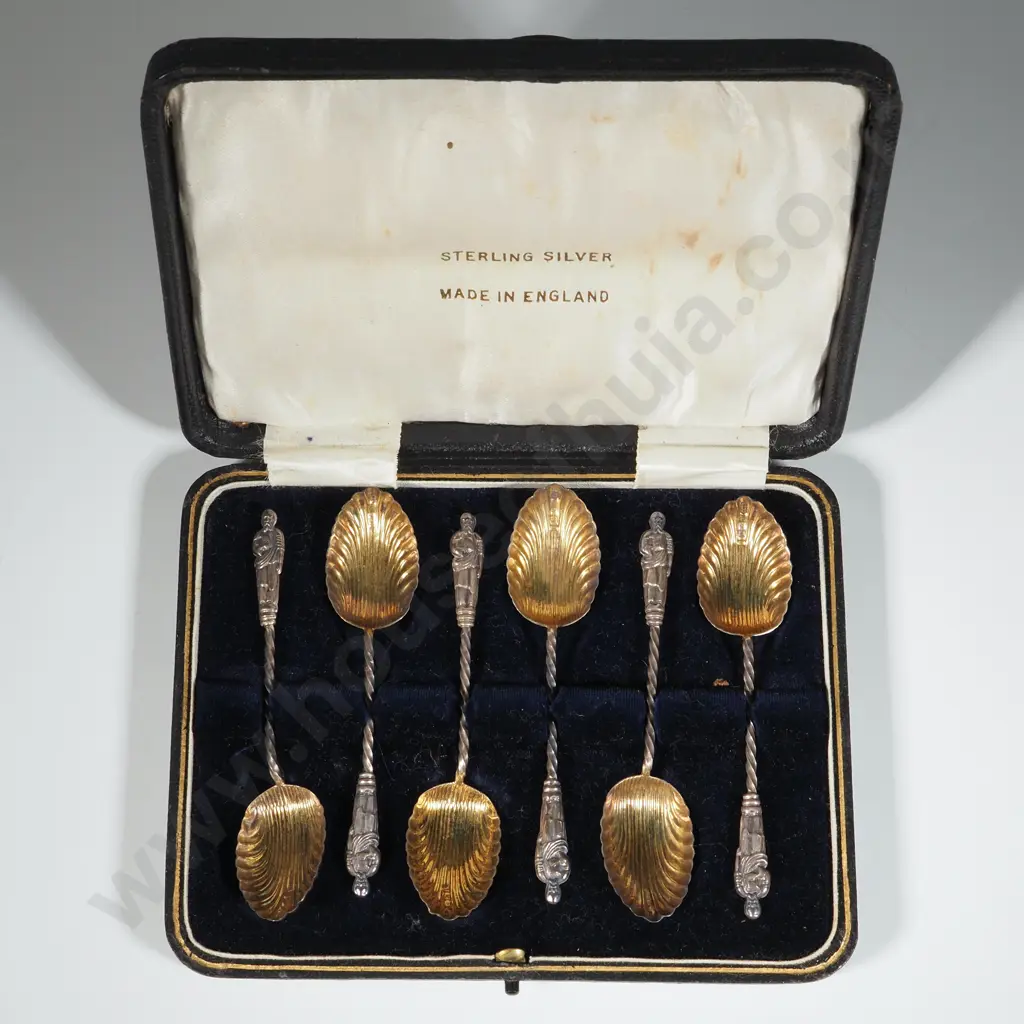 Boxed Set of Six Sterling Silver Apostle Spoons w Gilded  Shell Bowls. Image 1++