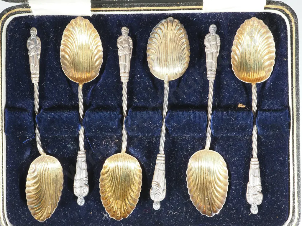 Boxed Set of Six Sterling Silver Apostle Spoons w Gilded  Shell Bowls. Image 1++