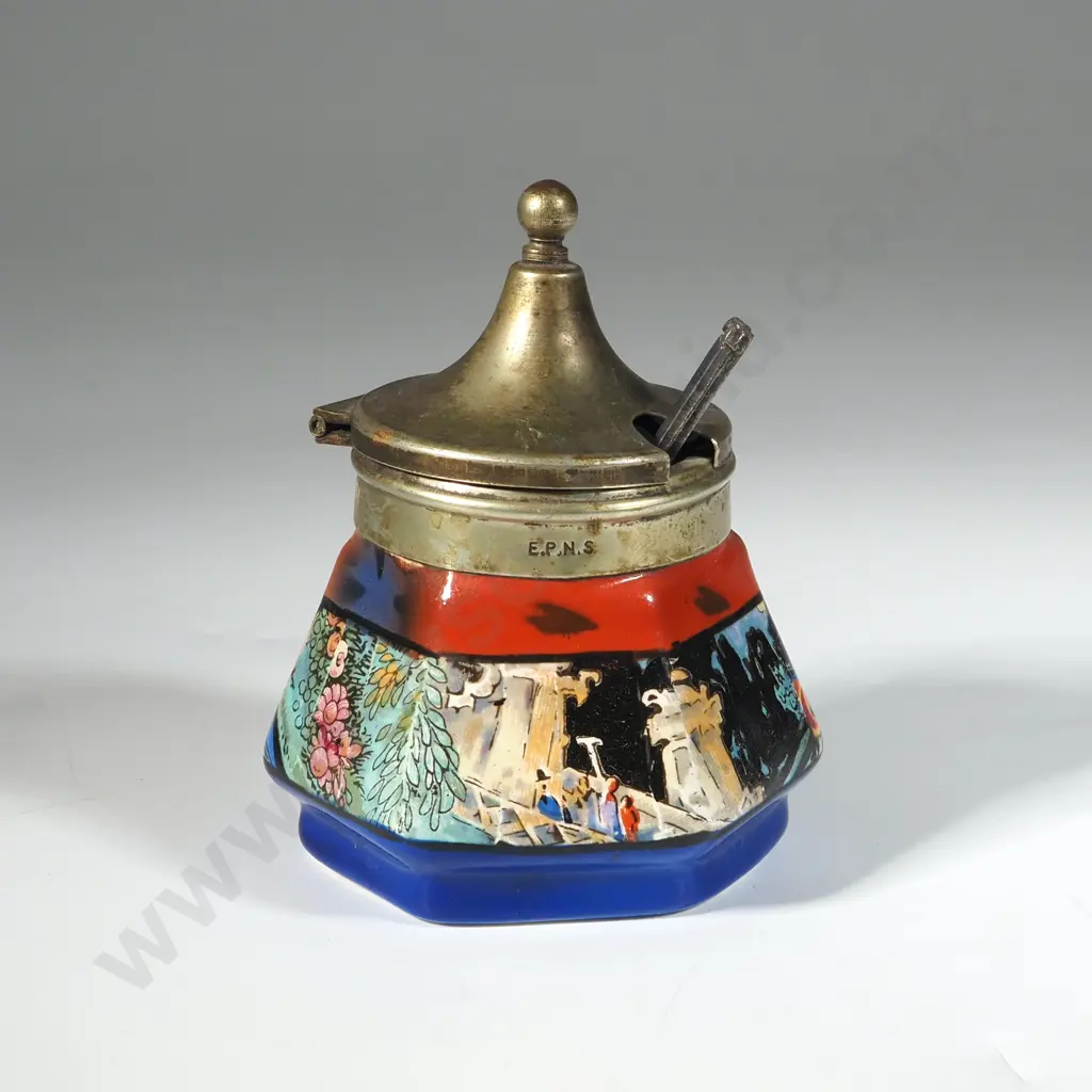 Colourful Condiment Pot w Silver Plated Spoon. Image 1++
