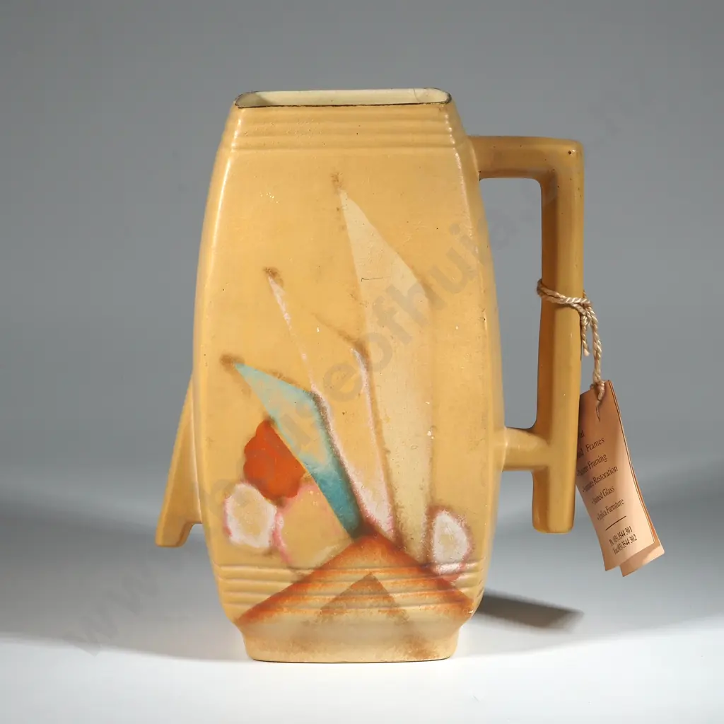 Art Deco Jug w Amber Ochre  Ground &  Blue/White/Orange/Taupe Highlights. Image 1++