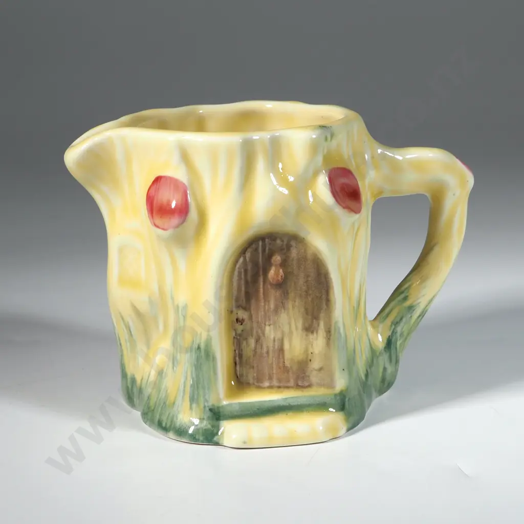 Tree Trunk Jug w Yellow Ground, Red/Green Highlights & Brown Door. Image 1++