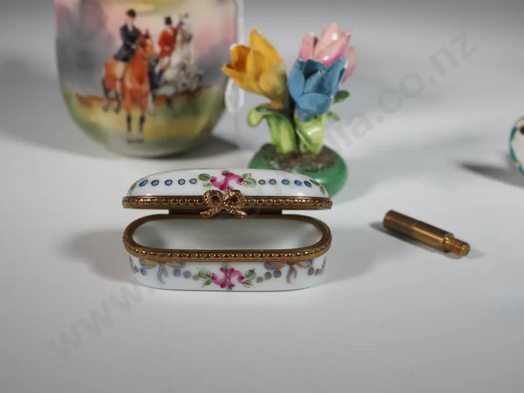 Royal Bayreuth Vase, Limoges Trinket Box, & Porcelain Whisky Label. Image 1++