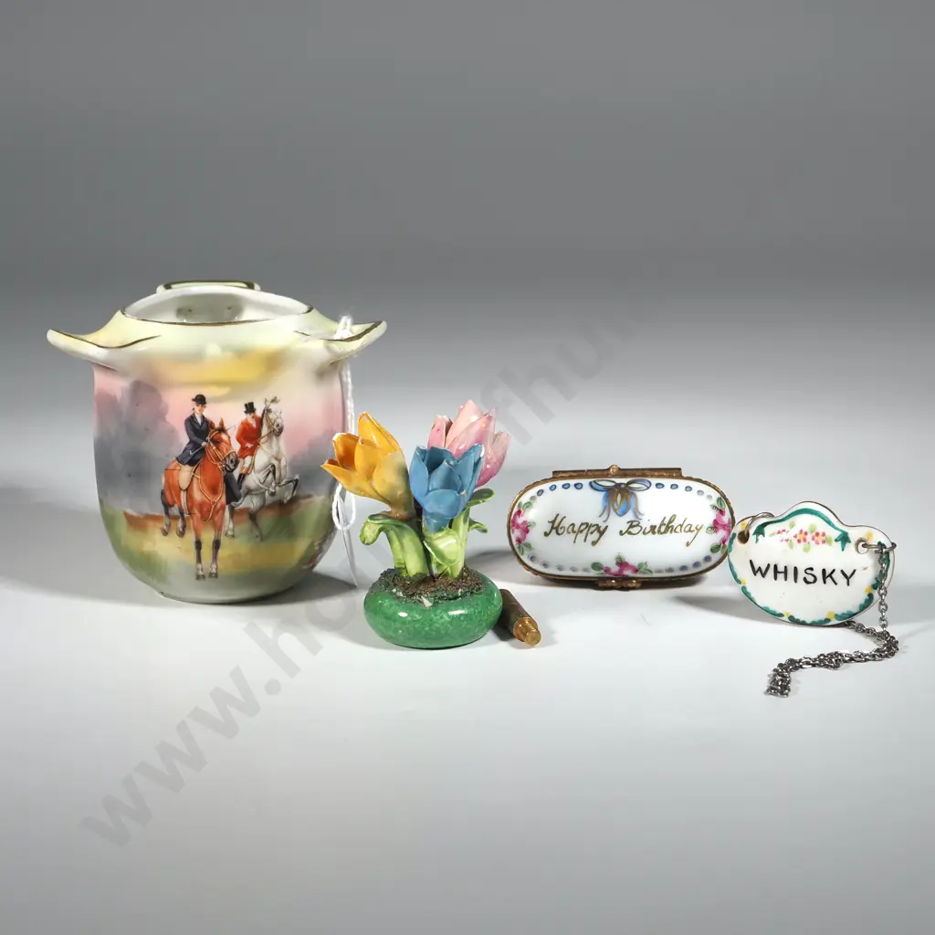 Royal Bayreuth Vase, Limoges Trinket Box, & Porcelain Whisky Label. Image 1++