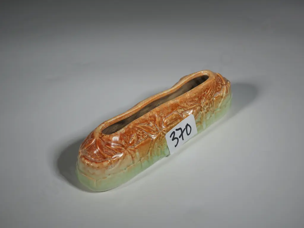 Burlee No 3 Trough Vase in Greens & Brown w Moulded Decoration. Image 1++