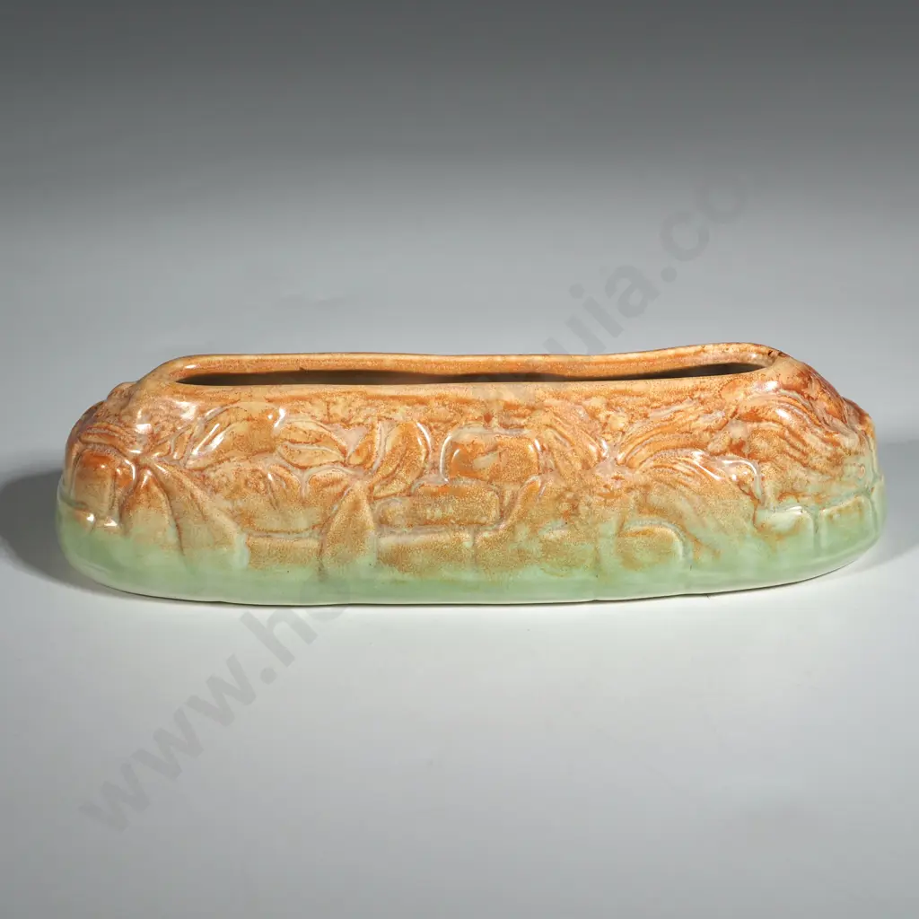 Burlee No 3 Trough Vase in Greens & Brown w Moulded Decoration. Image 1++