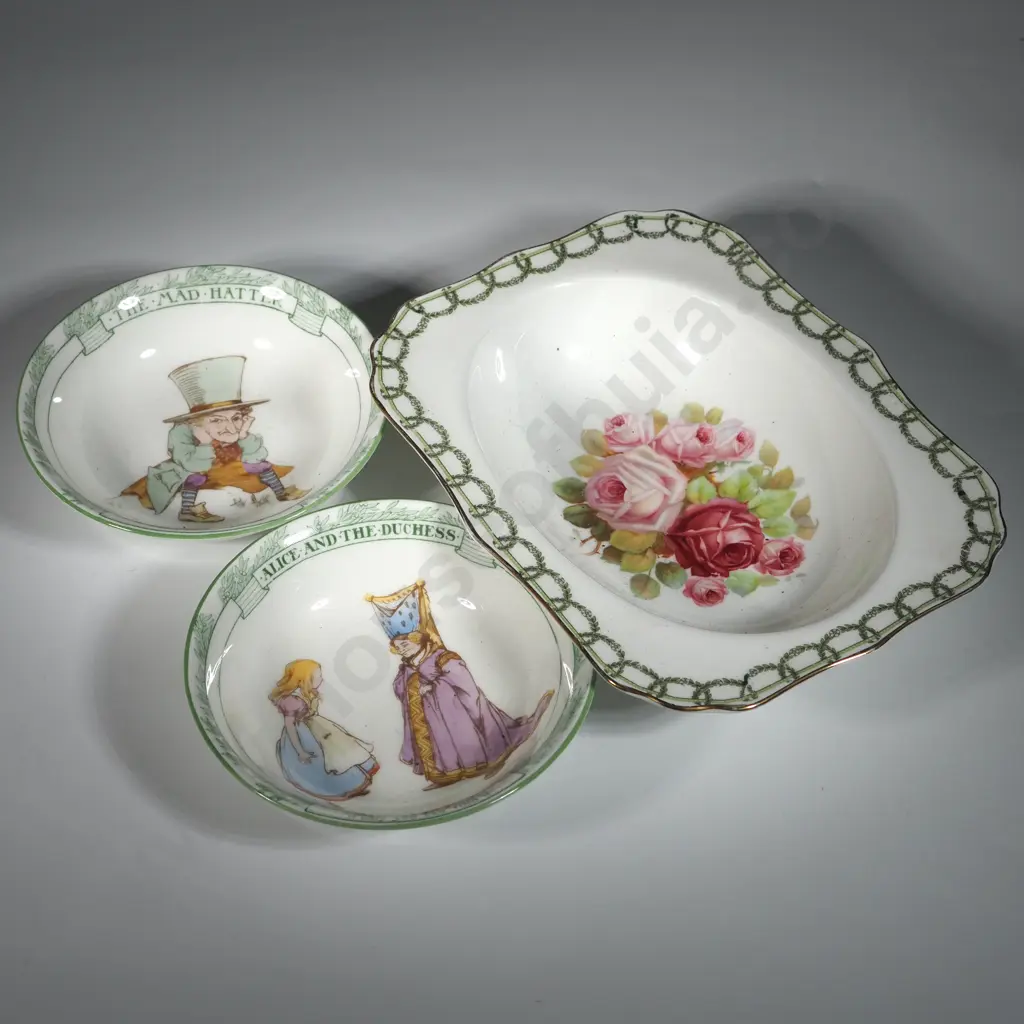 Two Royal Doulton 'Alice in Wonderland' Dessert Plates, & Roses Bowl. Image 1++