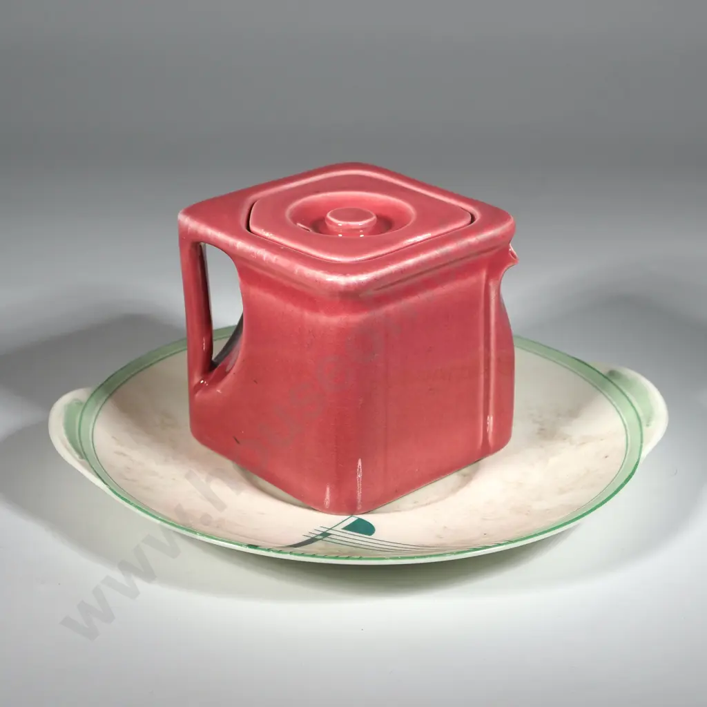 Art Deco Royal Doulton "Savona" Cake Plate, & a Pink Tunstall Ware Cube Teapot. Image 1++