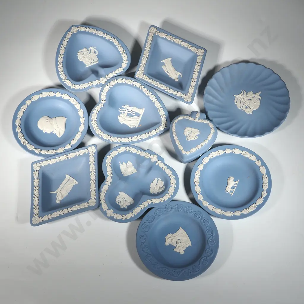 Nine Small Wedgwood Blue Jasperware Dishes & a Heart Shaped Lidded Trinket Box. Image 1++