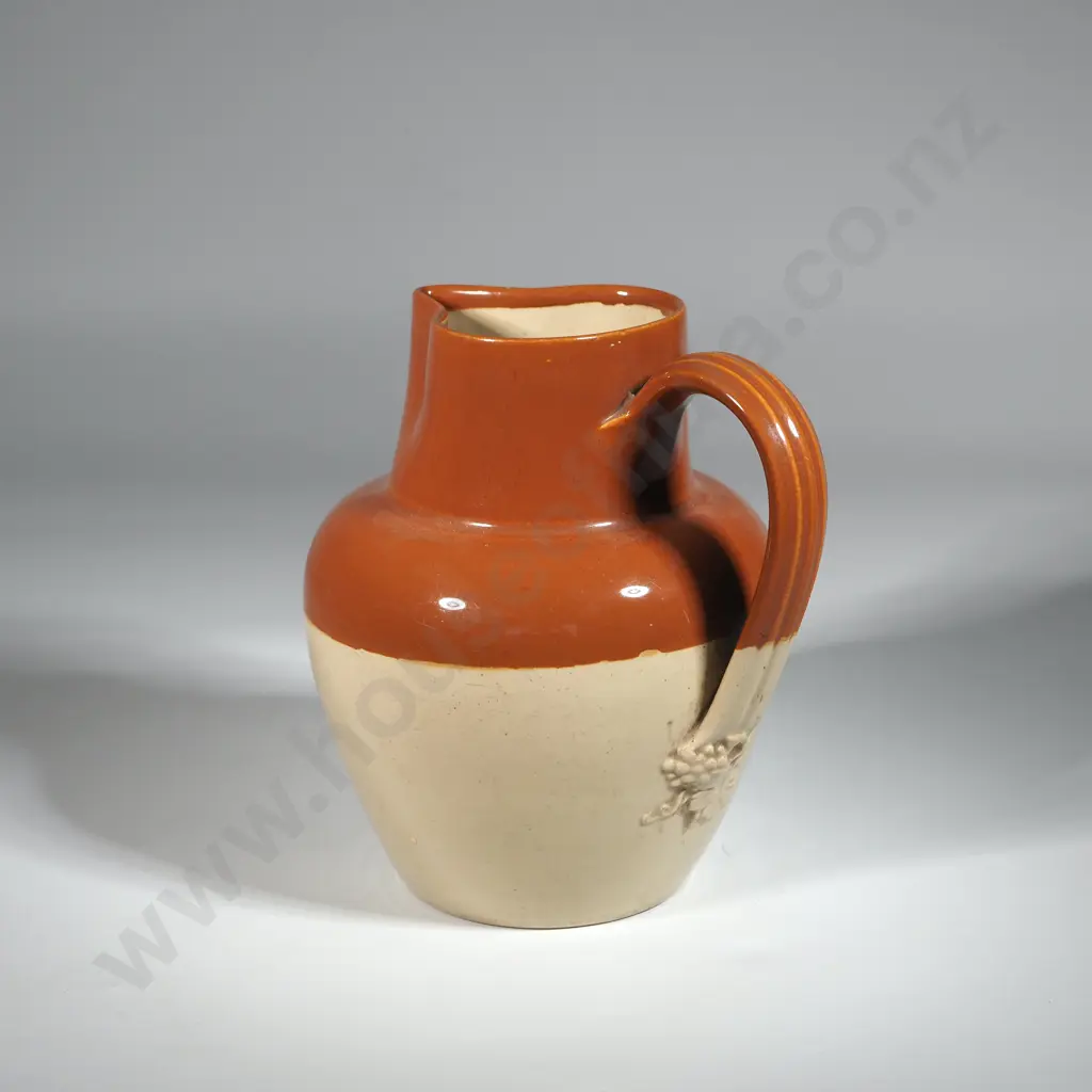 Earthenware Jug w Grape Leaf Motif to Base of Handle. Image 1++