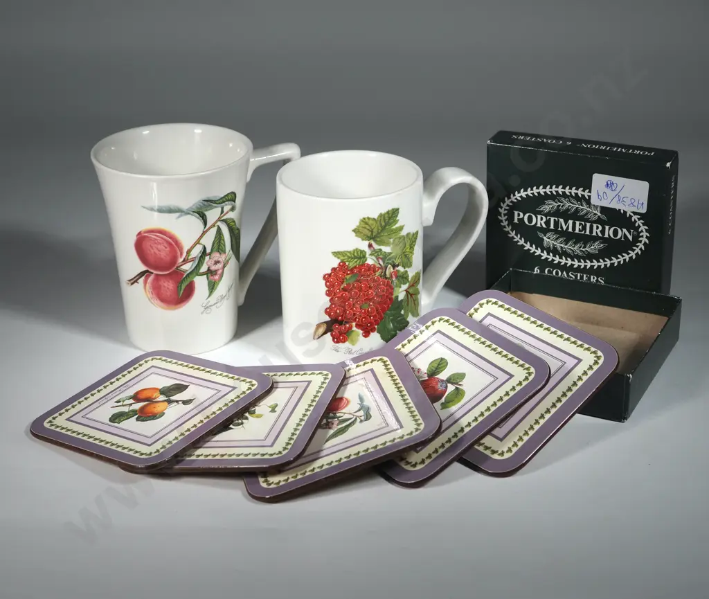 Two Portmeirion Pomana Mugs & Six Boxed Coasters. Image 1++
