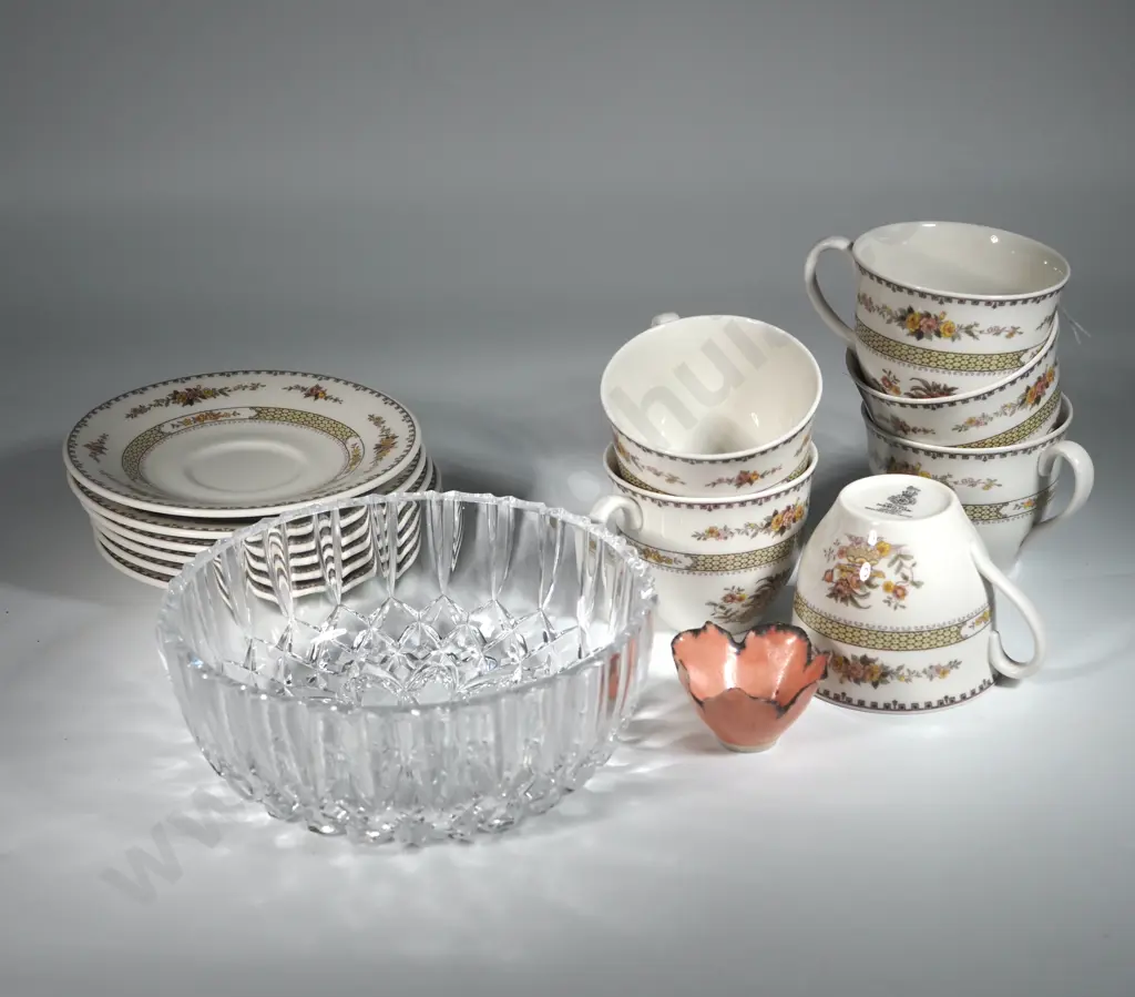 Set of Six Royal Doulton "Hamilton" Cups & Saucers, Small Pottery Dish & a Cut Glass Bowl. Nil Picked up. Image 1++