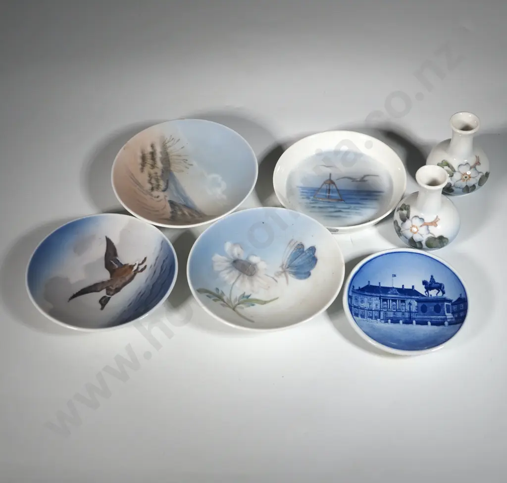 Five  Small Royal Copenhagen Dishes, & Two Miniature Vases w Flower Decoration. Image 1++