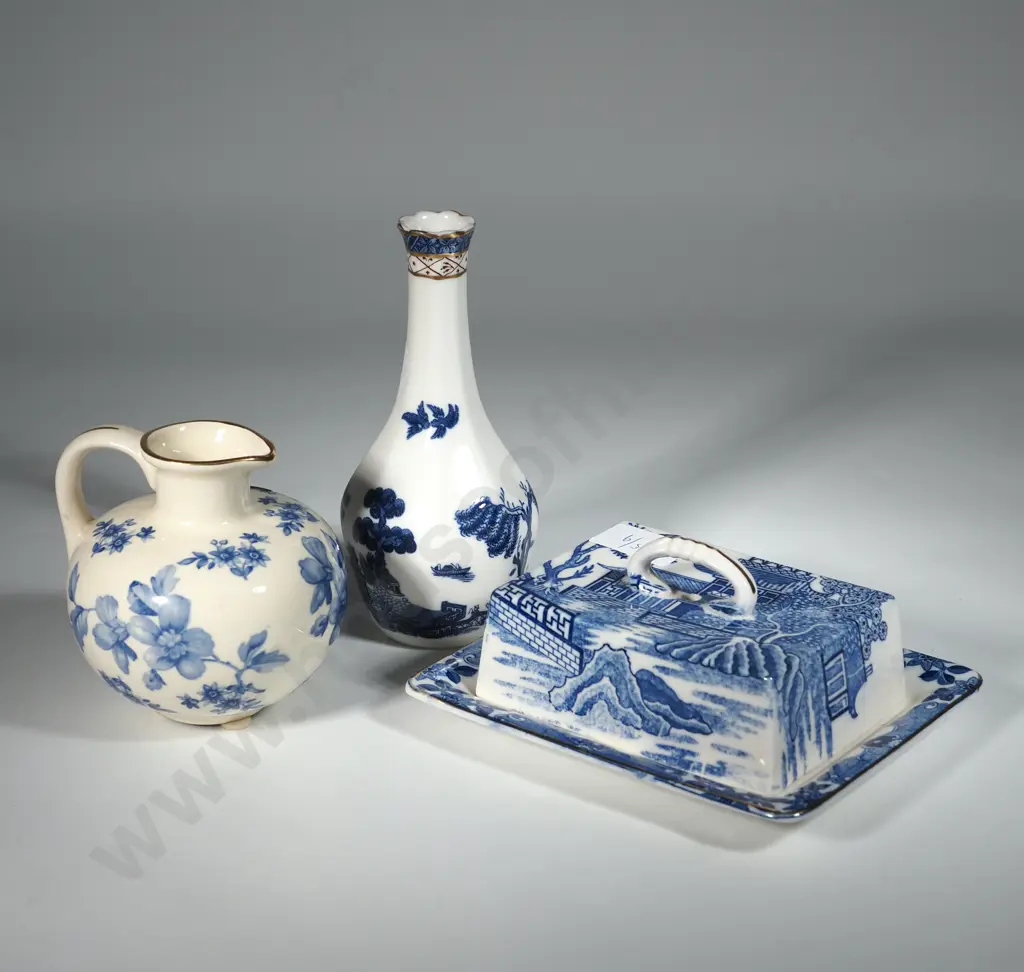 Two Royal Doulton Blue & White Willow Pattern Items & a Blue & White Squat Jug. Image 1++