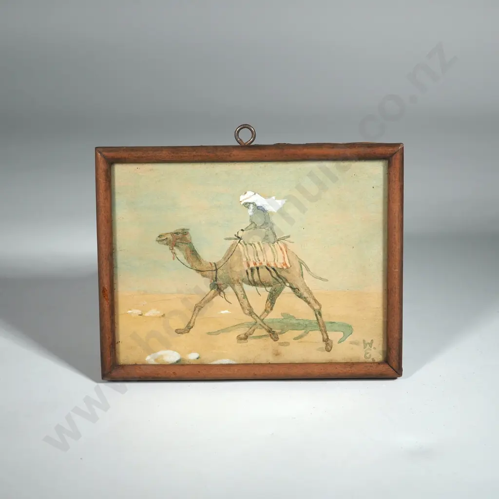 Winsome Evans. Camel w Rider. Framed Miniature Watercolour. Image 1++