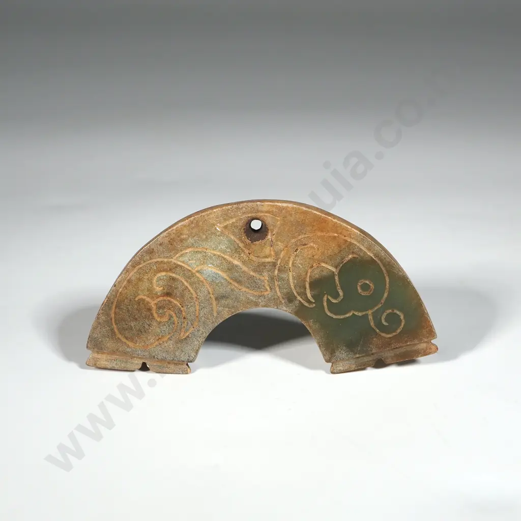 Jade 'Huang' Disk Segment w Notched Ends & Carved Stylized Creature. Image 1++